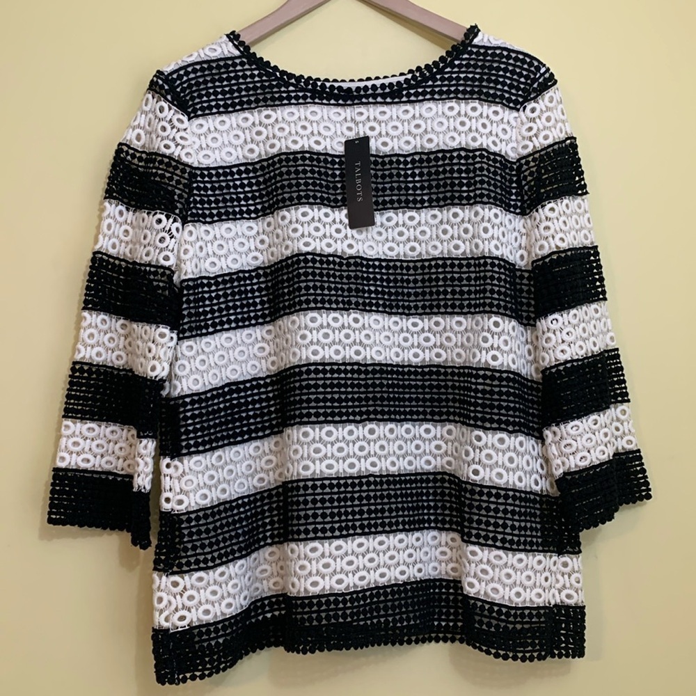 Talbots | NWT Black & Cream Embroidery Crochet Lined Striped Boxy Tunic Top M